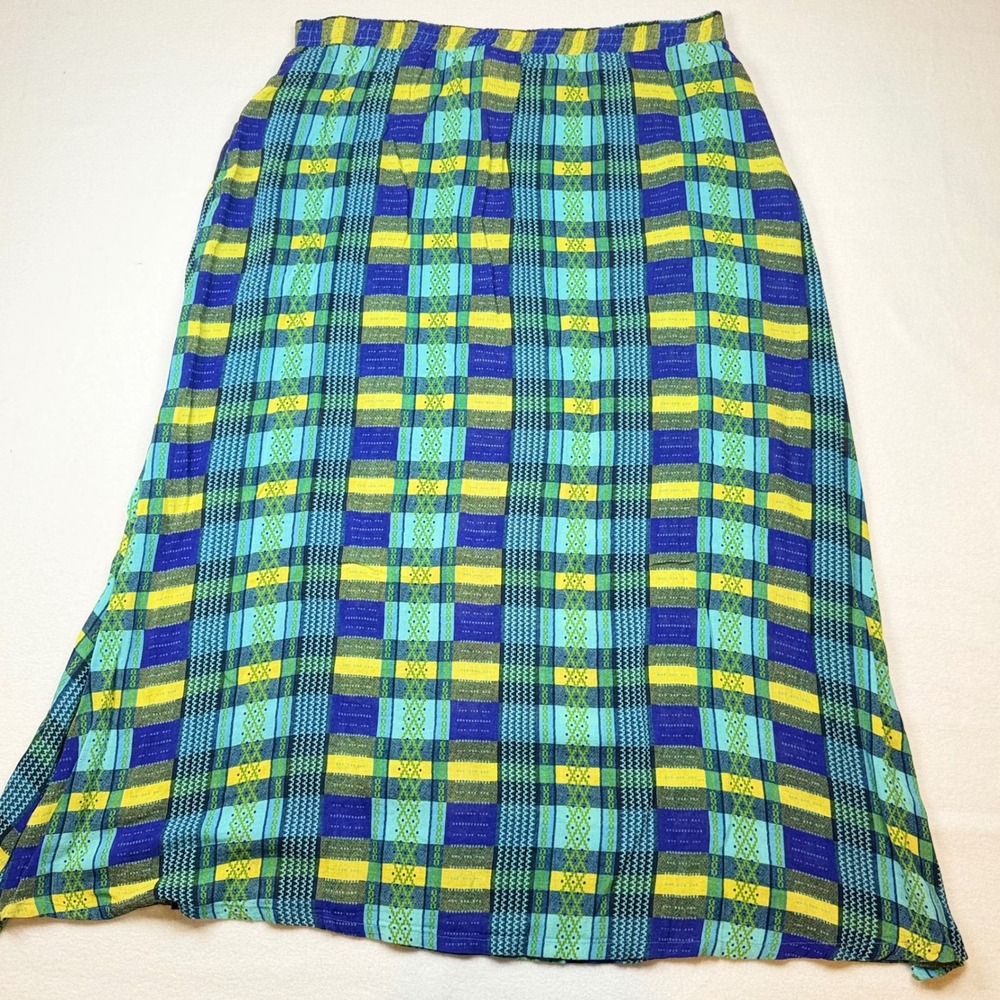 Mosaic Vintage Plaid Maxi Skirt Blue Green Yellow Rayon XL Made in USA 0538